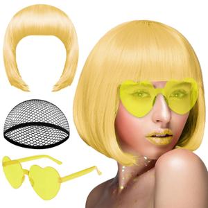 PLULON Blonde Bob Wig and Sunglass Set, Neon Short Bob Wig Sunglass Pack Costume Colorful Cosplay Wig Hairpieces for Bachelorette Neon Party Favors, Halloween Decorations