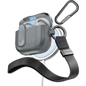 MAGEASY Odyssey AirPods 4 Case Cover with Secure Lock + Travel Clip + Wristlet, MagSafe Wireless Charging Compatible, Drop Protection Apple AirPod Pro 4 Generation Magnetic Case (Metal Blue Grey)