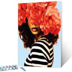 Tucocoo Flower Head Black Woman Paint by Numbers Kits 16x20 inch Canvas DIY Oil Painting for Kids, Students, Adults Beginner with Brushes and Acrylic Pigment -Striped Clothes Lady(DIY Frame)