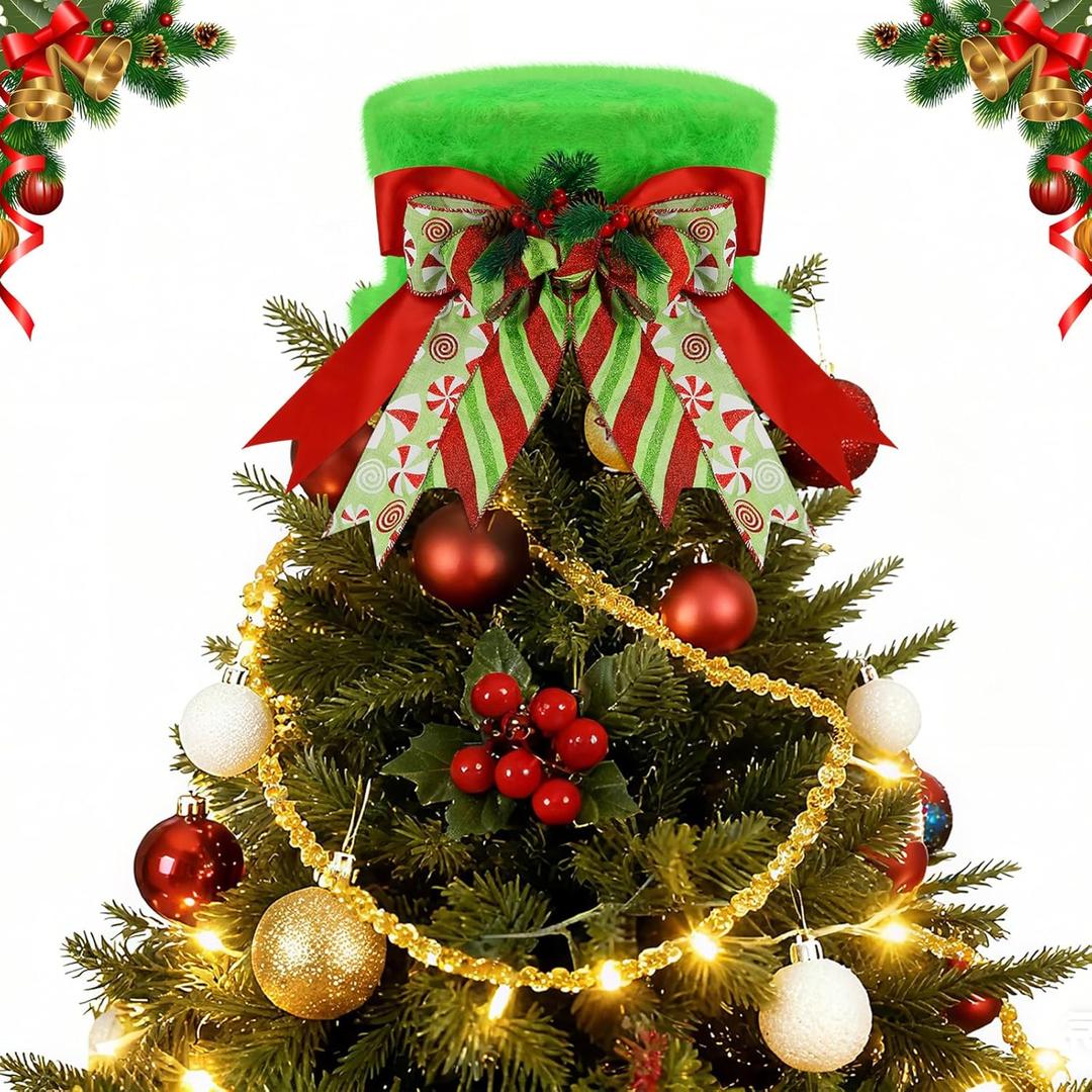 Elf Hat Christmas Tree Topper Green Furry Green Christmas Tree Decoration Velvet Hat with Ribbon Bow Xmas Trees Ornaments for Funny Holiday Winter Home Indoor Decor