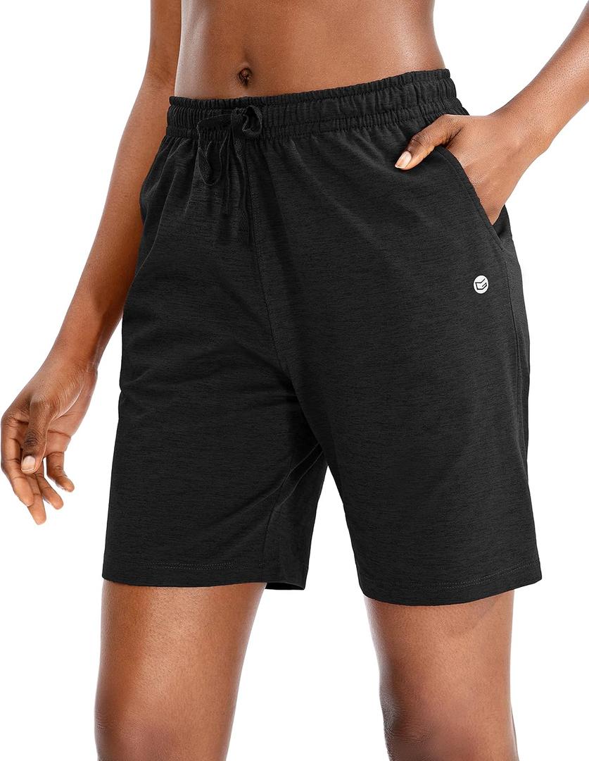 G Gradual Women's 7" Shorts with Deep Pockets Elastic Waist Bermuda Jersey Long Shorts for Woman Lounge Walking (Black,7",M)