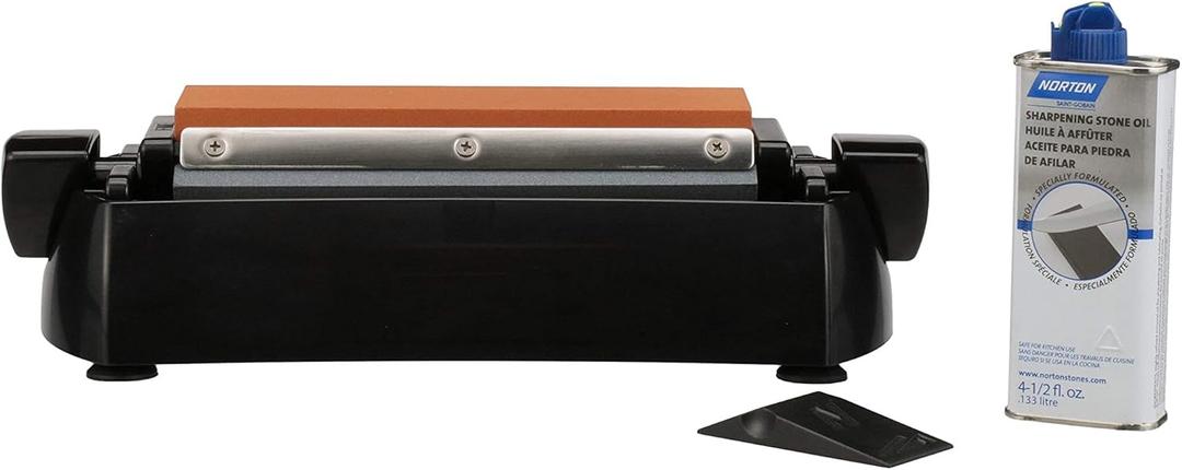 Norton IM200 Knife Sharpener Oil Stone Sharpening Stone Kit with Coarse/Medium Crystolon and Fine India Stones, Sharpening Stone Oil and Knife Angle Guide (8x2x1/2 Inch)