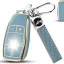 QBUC for Mercedes Benz Key fob Cover, TPU Car Key Case Protector with leather Keychain Compatible with Mercedes-Benz 2017-2021 E-Class S-Class 2019-2023 A-Class C-Class G-Class,Blue