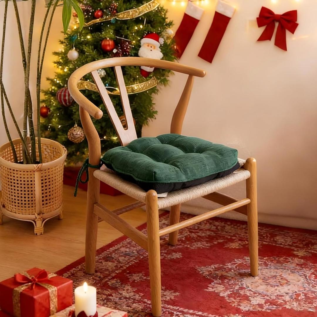 Chair Cushions for Dining Chairs Set of 2, Kitchen Chair Cushions, Chair Pads with Ties Non Slip Backing, Christmas Room Decor, Tufted Memory Foam Seat Cushion 2 Pack, 15.5x15.5x4, Dark Green