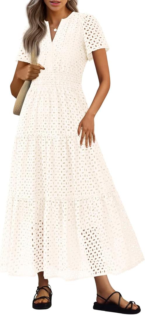 PRETTYGARDEN Womens 2025 Summer Maxi Dress Short Sleeve V Neck Hollow Out Eyelet A Line Long Flowy Beach Vacation Dresses (White, Large)