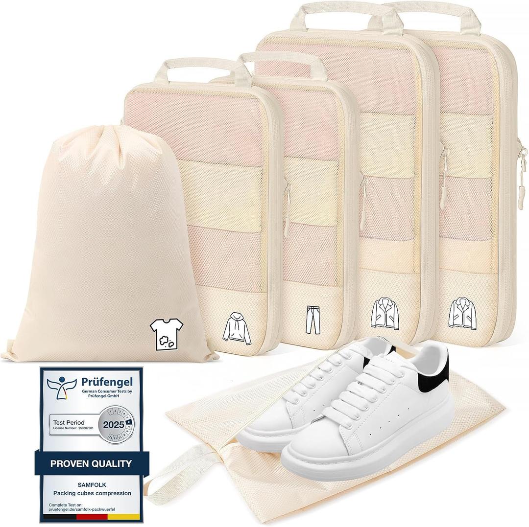 Compression Packing Cubes for Travel, Lightweight 6 Set Bags Cruise Must Haves for Luggage Carry On Suitcase and Clothes Organizer, Durable Vacation Essentials and Accessories Gifts for Women and Men (Beige)