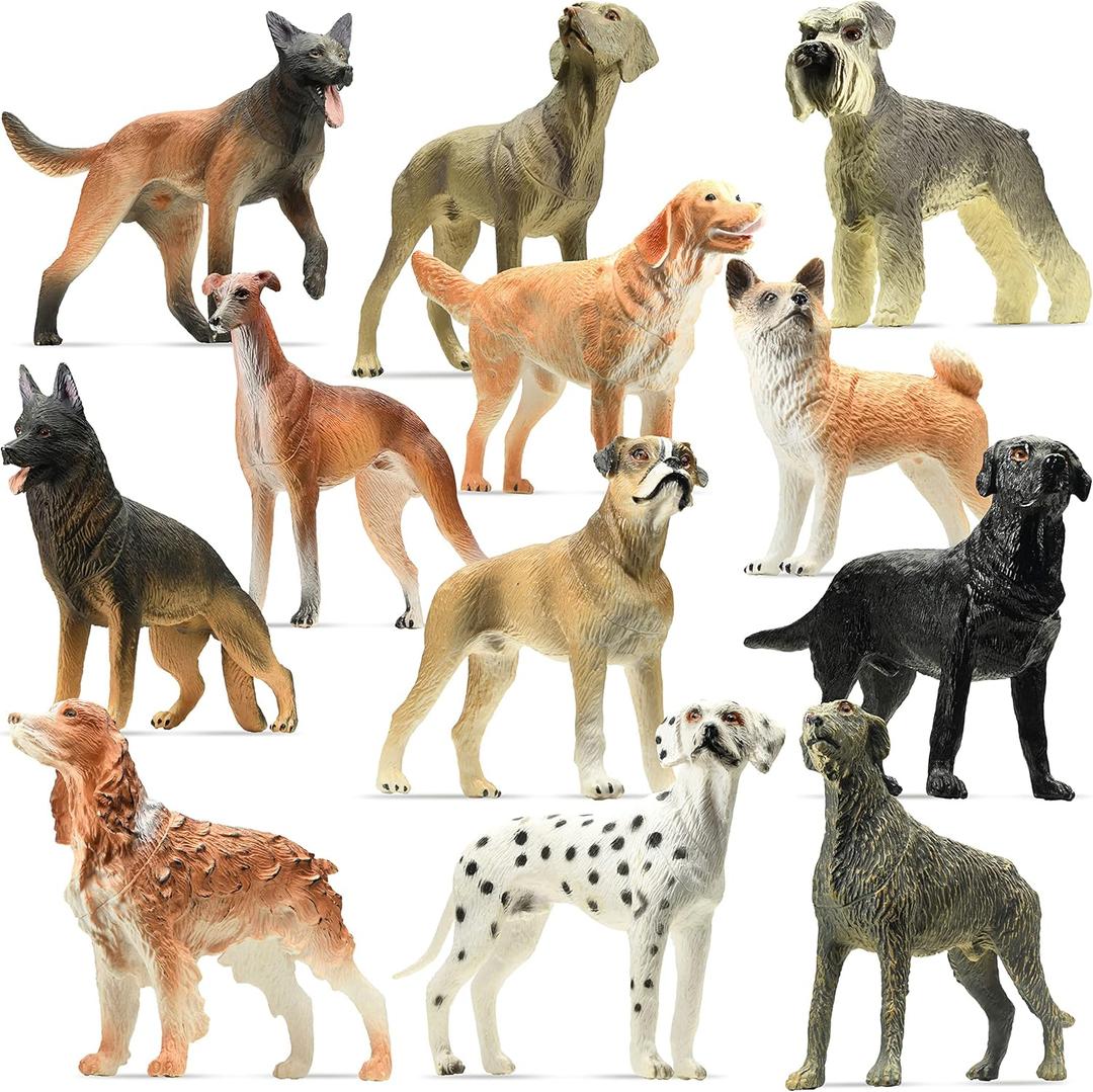 stargo Friendly Dog Figurines for Kids and Toddlers - Plastic Dogs Set of 12 Realistic Play Figures - Non-Toxic Cake Topper, Farm Animal Figurines, 3.5"x5", Age 3+