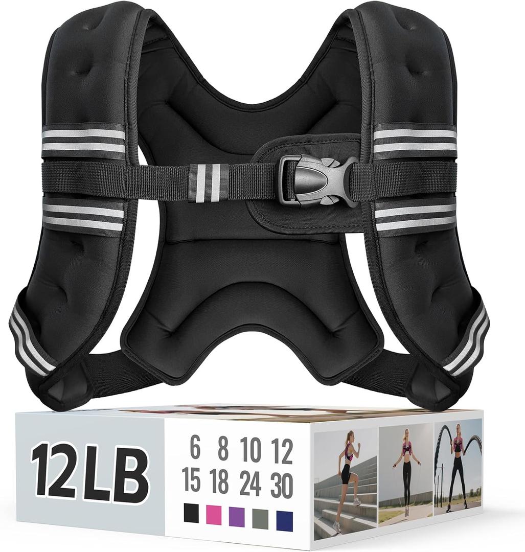 Weighted Vest for Women & Men with Reflective Stripe and Adjustable Buckle, Comfortable & Durable Rucking Vest for Walking, Running & Strength Training (12 lb, Black)