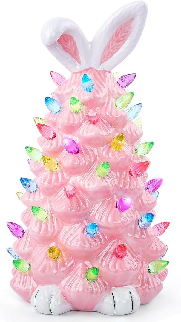 Light up Easter Bunny Decor Glowing Tree, Cute Ceramic Easter Tree Bunny Decorations for The Home Indoor Bedroom Office Decor Tabletop, Easter Night Light for Kids Easter Gifts (Pink)