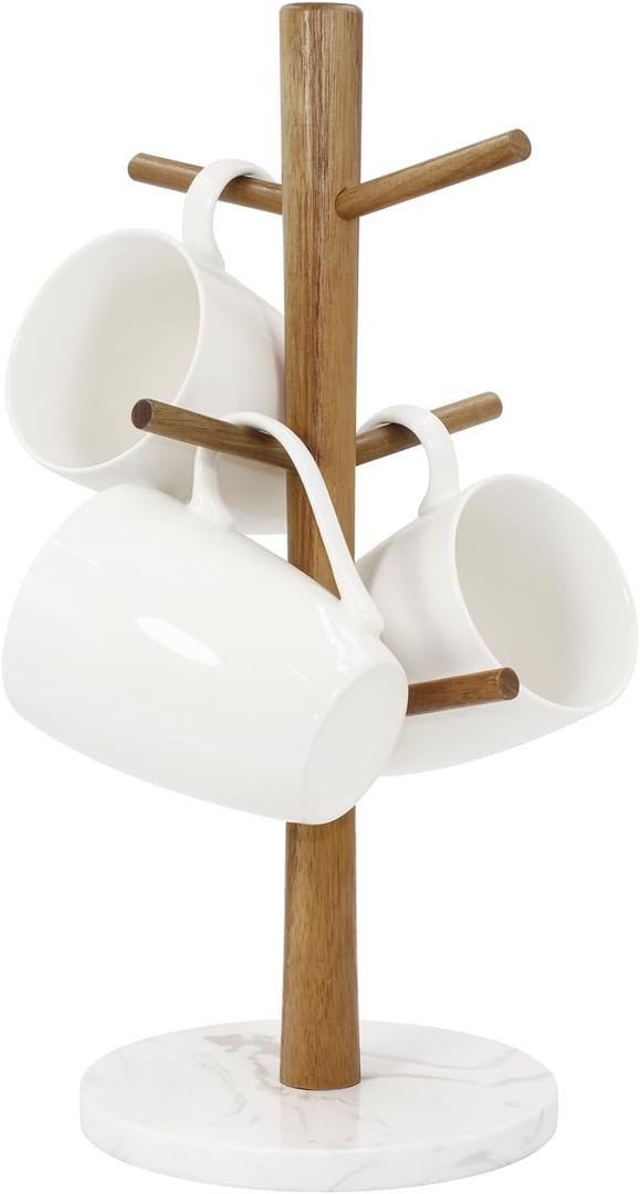 Buruis Wood Mug Holder, Marble Base Cup Rack Tree, Mug Stand Hanger, Kitchen Coffee Tree Countertop Tea Holder Stand, Coffee Cup Dryer with 6 Hooks (Round Base White)