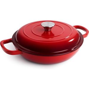 3 Quart Enameled Cast Iron Braiser, Non Stick Enameled Cast Iron Skillet with Lid, Dutch Oven Skillet with lid up to 500°F for Oven, Stove, Grill, Shallow Dutch Oven for Cook, Bake (Red)