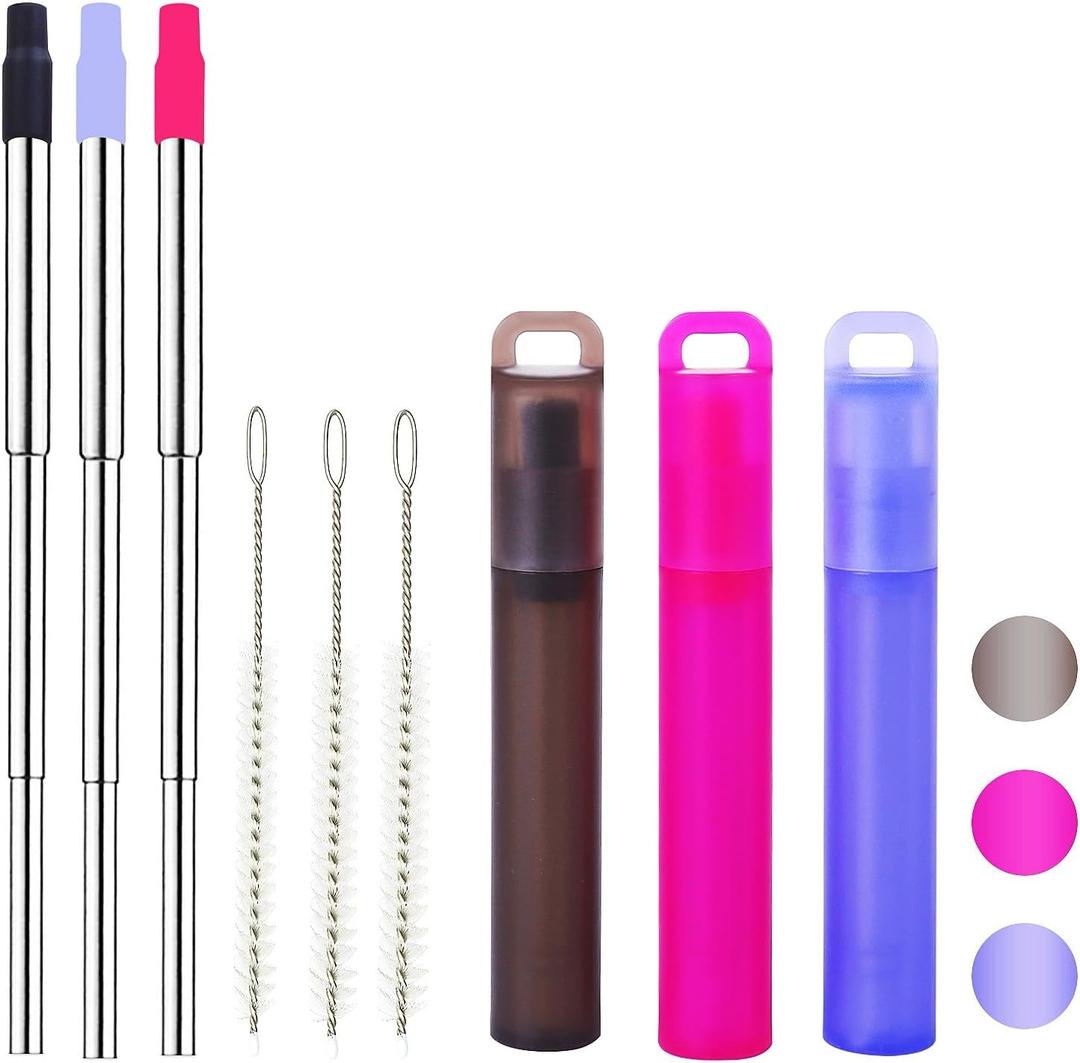 Reusable Metal Straws Travel 2 Pack Collapsible Straw with Case and Cleaning Brush Retractable Portable Pocket Straws