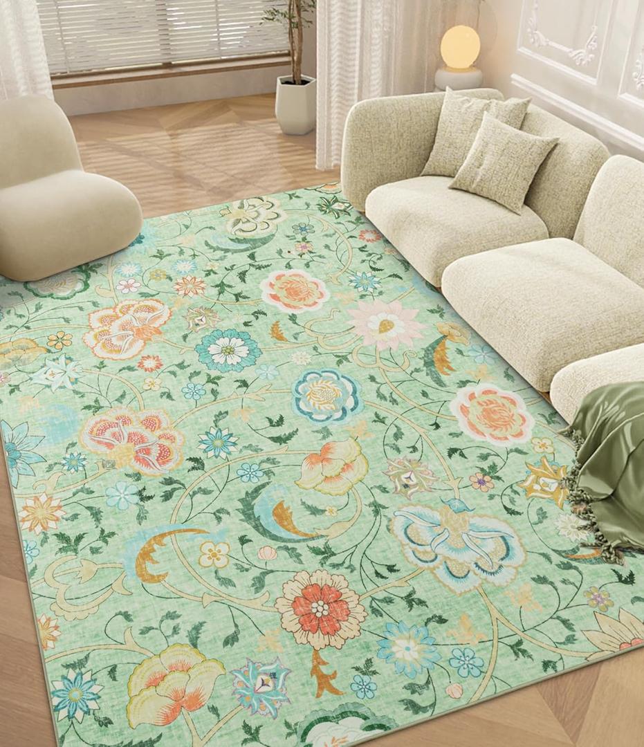 YIHOUSE Floral Living Room Rugs,Washable Rugs for Bedroom,5x7 Boho Light Green Area Rugs, Low Pile Vintage Rug for Kids Room Non Slip Flower Rug Dining Room Kitchen Office