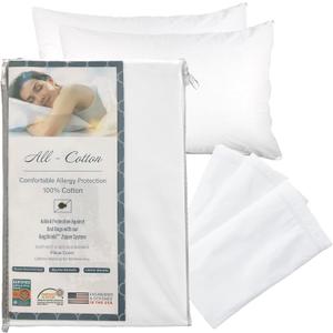 National Allergy Premium 100% Cotton Zippered Pillow Protector - King Size - White - 2 Pack - 300 Thread Count - Hypoallergenic Bed Pillowcase with Zipper - Breathable Encasement Cover
