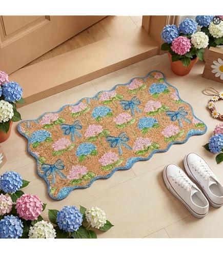 Blue and White Layered Doormat Outdoor Rug Cotton Woven Washable Farmhouse Door Mats Outdoor for Hello/Welcome Mat, Entryway, Bedroom, Patio