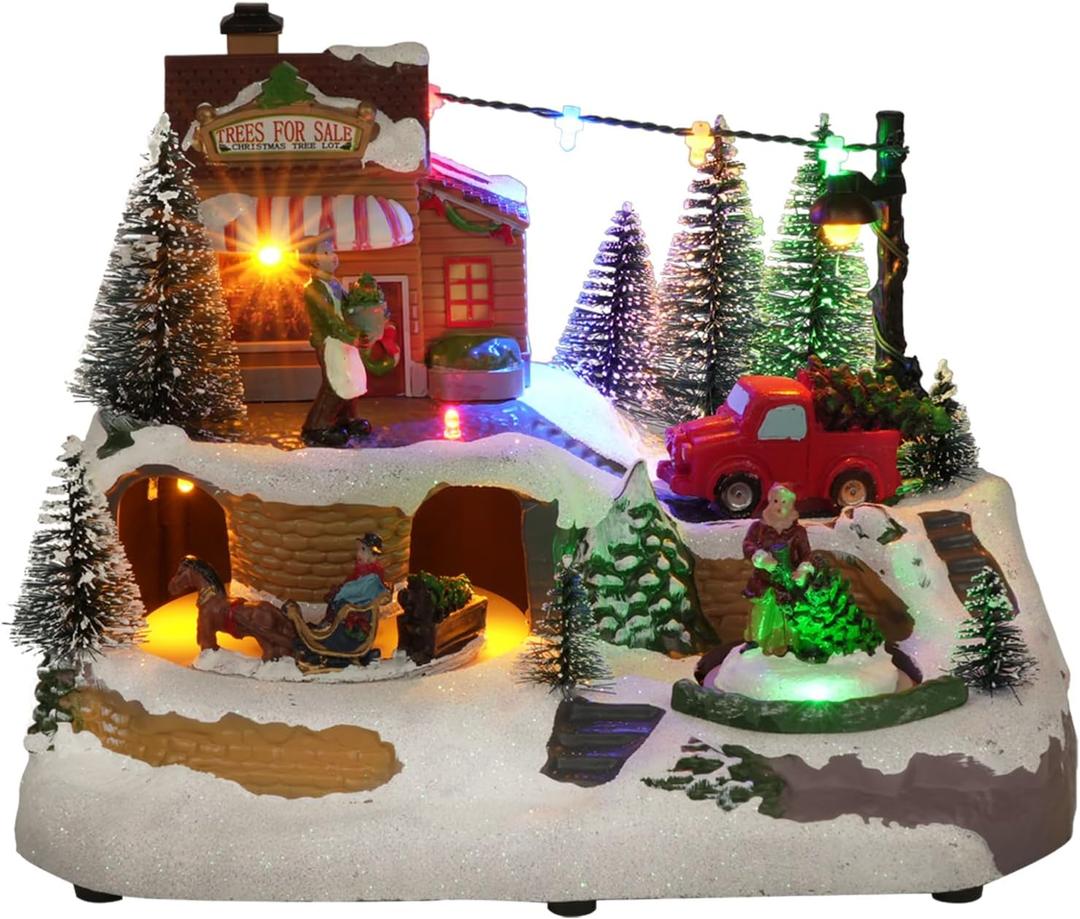 Christmas Village Houses, Festival Scene Colourful Lights Rotating Carriage and Santa Claus Decorations with 8 Musical for Xmas Home Table Displays