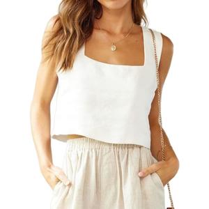 IDEALSANXUN Linen Crop Tank Tops for Women Summer Square Neck Sleeveless Casual Loose Cute Cotton Linen Tops (Small, White)