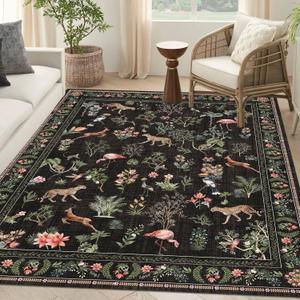 Washable Area Rug 5'7' Black Boho Floral Large Animal Botany Living Room Rug Cheetah Flamingo Non-Slip Soft Colorful Oriental Vintage Bedroom Carpet Dining Room Nursery Home Office Indoor Decor