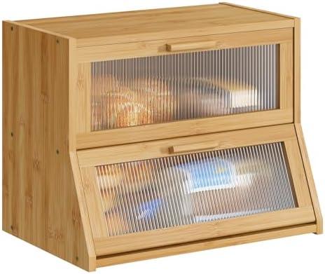 BMOSU Large Bread Box Double Layer Bamboo Bread Box for Kitchen Counter Container Farmhouse Bread Holder Capacity Bread Storage Bin(Natural)