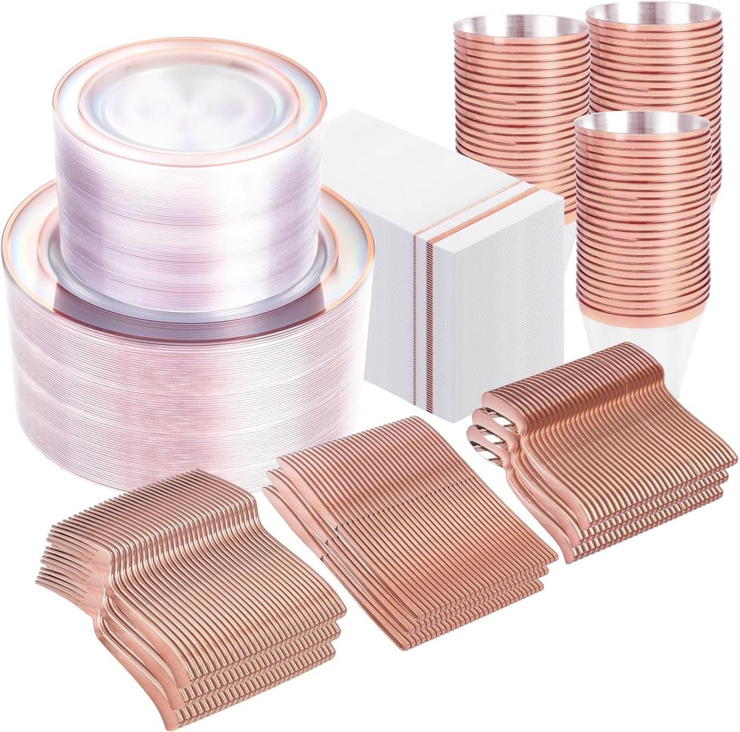GATHER 700PCS Rose Gold Plastic Plates - Clear Rose Gold Rim Disposable Dinnerware Set Includes 200 Plates, 300 Silverware, 100 Napkins, 100 Cups for Party & Wedding