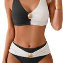 Eomenie Bikini Sets for Women Color Block Two Piece Bathing Suit V Neck Tie Back Swimsuit, Size -L