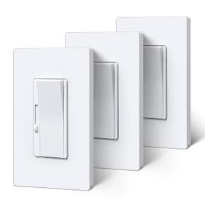 BESTTEN 3 Pack Super Slim Slide Dimmer Light Switch, Quiet Rocker, Max 300W LED, CFL, 600W Incandescent, Single Pole or 3 Way Dimmable Switch with Screwless Wallplate, ETL Listed, White