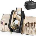 Travel Makeup Bag Women's Large Capacity Cosmetic Portable Organizer Large Opening Waterproof Storage Toiletry Bags Vertical Free-Standing Brush Holder for Easy Access Black