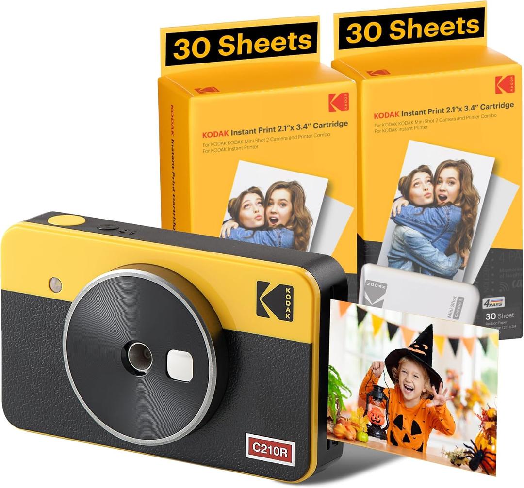 KODAK Mini Shot 2 Retro 4PASS 2-in-1 Instant Digital Camera and Photo Printer (2.1x3.4 inches) Initial 8 Sheets + 60 Sheets Bundle, Yellow
