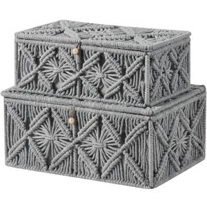2PCS Decorative Boho Storage Baskets with Lid Bohemian Macrame Jewelry Box Handmade Natural Cotton Rope Woven Bins Memory Keepsake Photo Makeup Organizer Container (Gray, 1 Large 1 Small)