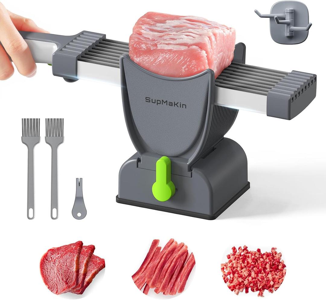 SupMaKin Fresh Meat Slicer, Thickness Adjustable 2 or 4 mm, 17 IN 1 Stainless Steel Manual Meat Cutter, Cleaver Kitchen Knife, Jerky Slicer Suit for Chicken Breast Beef Pork (Gray)