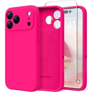 Magnetic for iPhone 17 Pro Max Case, Compatible with MagSafe, [Full Camera Protection][Screen Protector] Silicone Shockproof Protective Phone Case for iPhone 17 Pro Max 6.9", Hot Pink