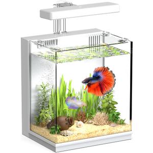 2-Gallon All-in-One Fish Tank  Silent Pump, 3-Stage Filtration & Easy Water Change, Perfect Self-Care Betta Aquarium Kit for Kids & Beginners (White