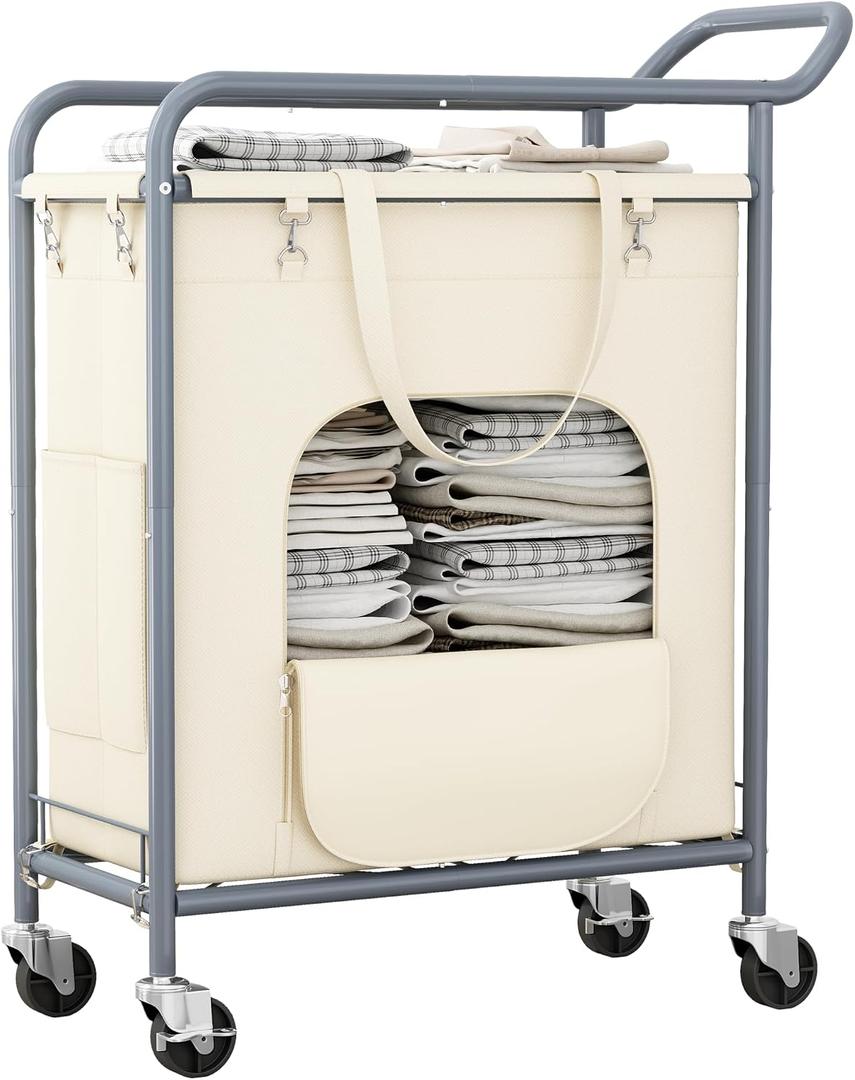 Laundry Basket with Wheels,150L Large Rolling Laundry Hamper, Heavy-Duty Laundry Cart Sturdy Metal Frame with Handle, Minimizes Bending Easy Access Clothing for Bedroom, Bathroom, Laundry Room (Beige), 28.35" x 12.6" x 27.56"