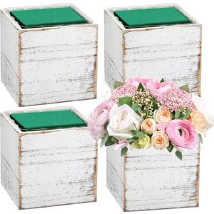 Dandat 4 Sets Wooden Boxes for Centerpieces Wood Cube Planter Box Rustic Square Vases with Removable Plastic Liner Floral Foam Blocks for Christmas Home Wedding Garden Decor