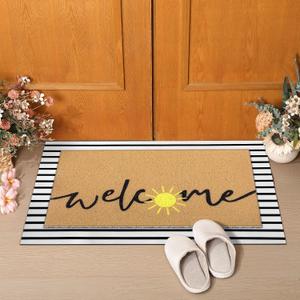 Tinideya 2 Pcs Summer Door Mat Non Slip Wildflower Hello Sunshine Sweet Home Ocean Pet Welcome Floor Doormat Buffalo Plaid Checked Stripe Mat Seasonal for Front Porch Entryway(Sun)