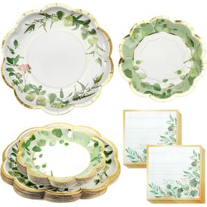 Tanlade 96 Pcs Sage Green Eucalyptus Theme Party Supplies Plates and Napkins Serve 24, Disposable Eucalyptus Paper Scalloped Dinner Plates 2 Ply Paper Napkins for Wedding Bridal Shower