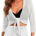 PrinStory Women's Tie Front Cropped Cardigan Summer 3/4 Sleeve Bolero Shrug for Sleeveless Dress Beach Cover Up Tops , M