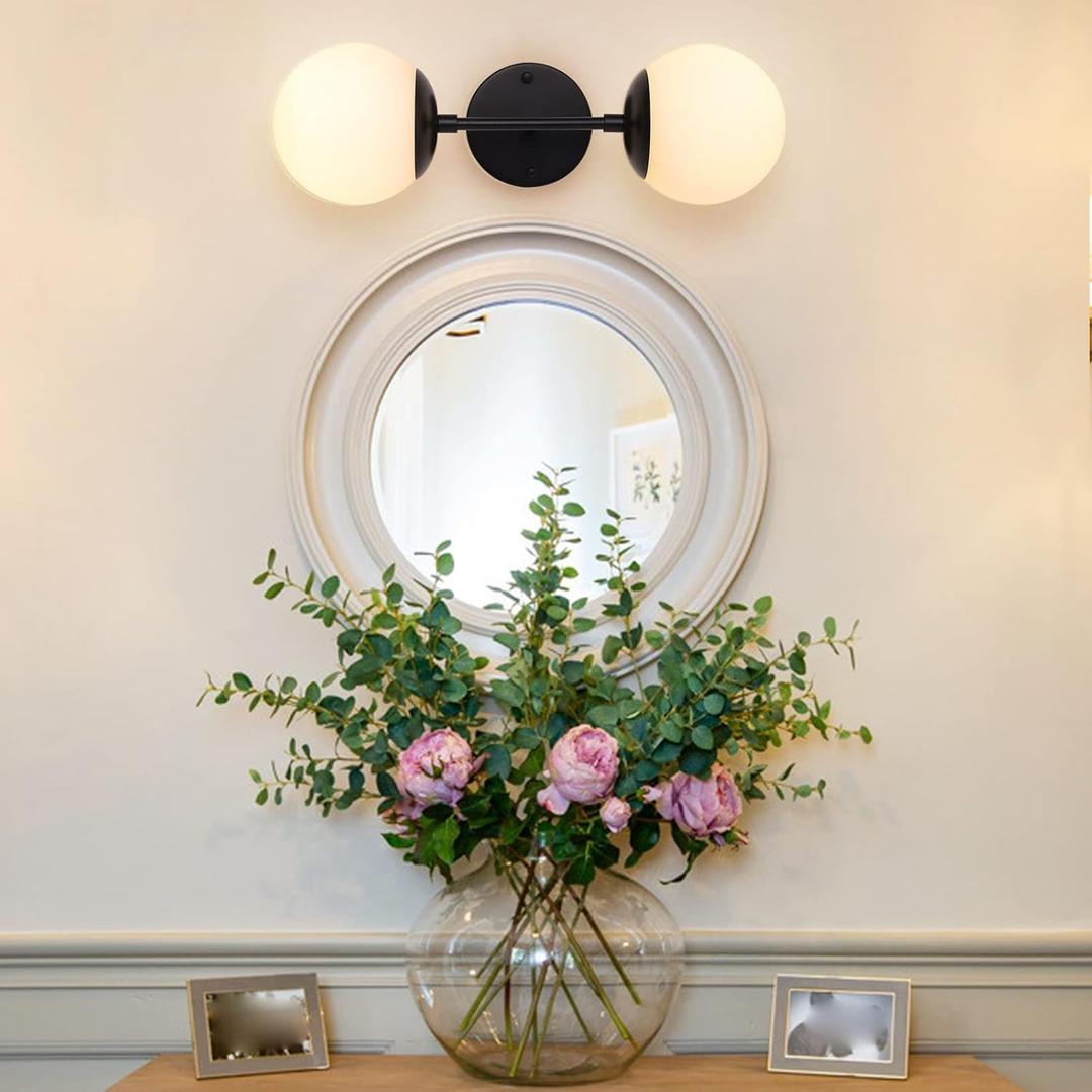 Double Wall Sconce Black Bathroom Light Fixtures, 2 Light Bathroom Vanity Lights, Mid Century Globe Modern Lighting, White Ball Sconces for Bedroom (Exclude Bulb)