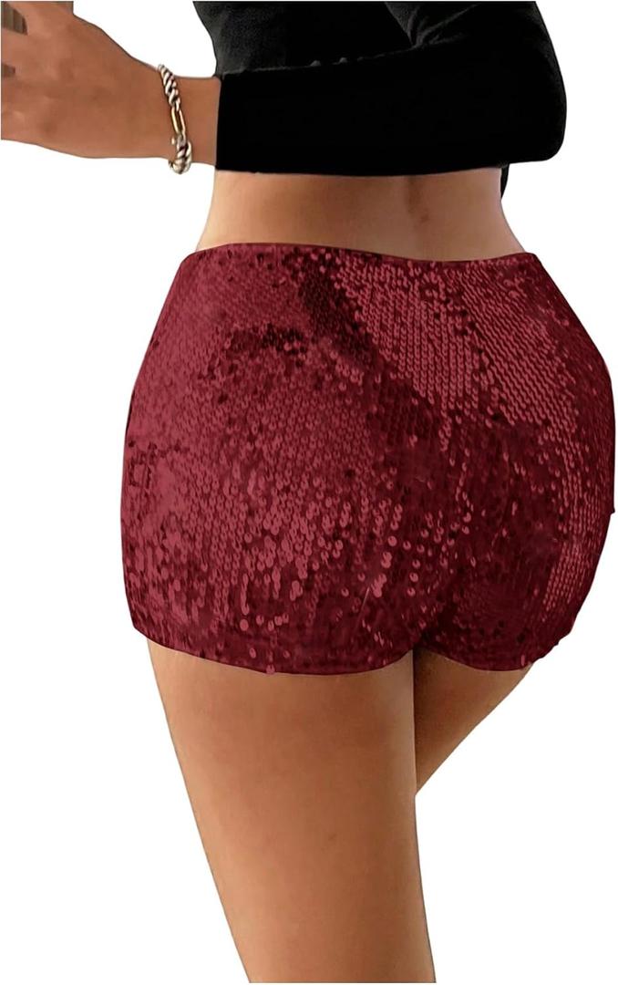 Milumia Women's Sparkly Sequin Shorts Low Waist Straight Leg Shorts Party Rave Concert, X-Small, Burgundy
