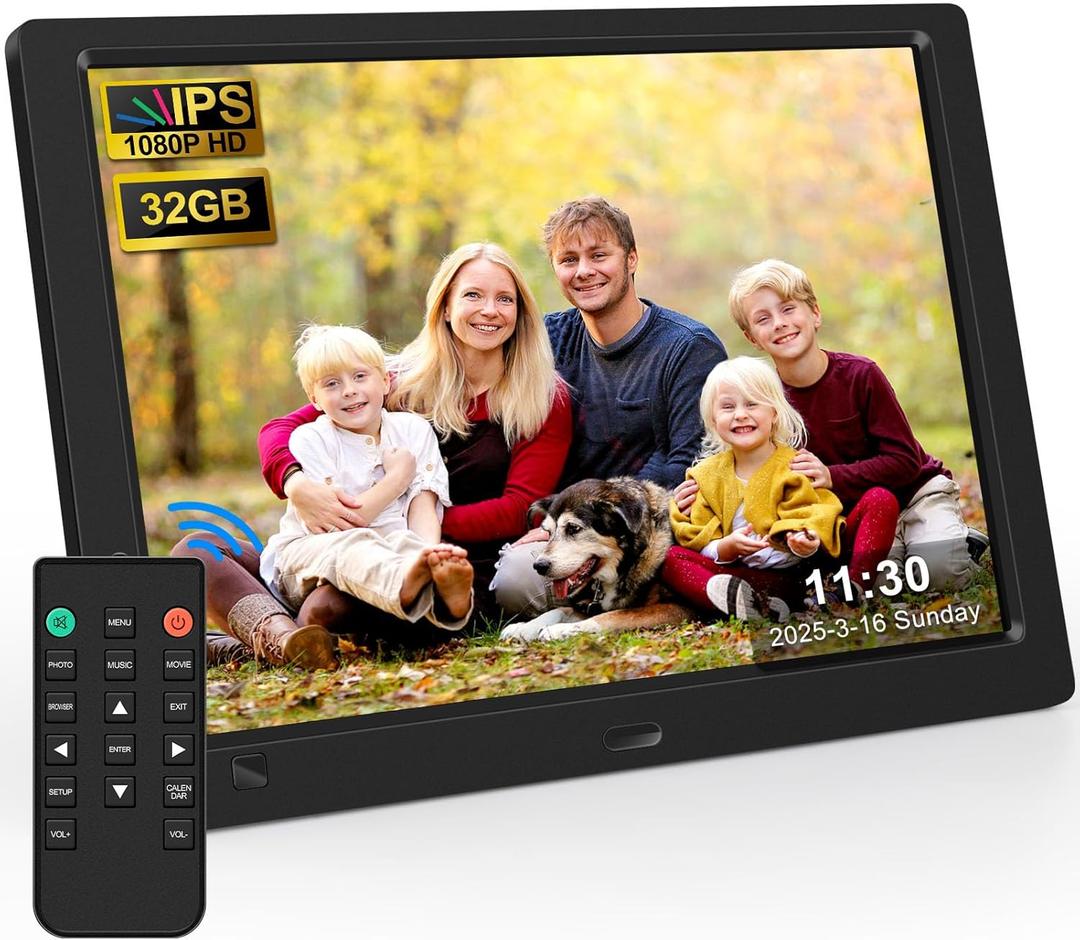 10.1" Digital Picture Frame, 1080P IPS Digital Photo Frame, No WiFi/App Needed, Plug & Play SD Card & USB, Remote & Motion Sensor, Photos/Videos/Music, Free 32GB USB