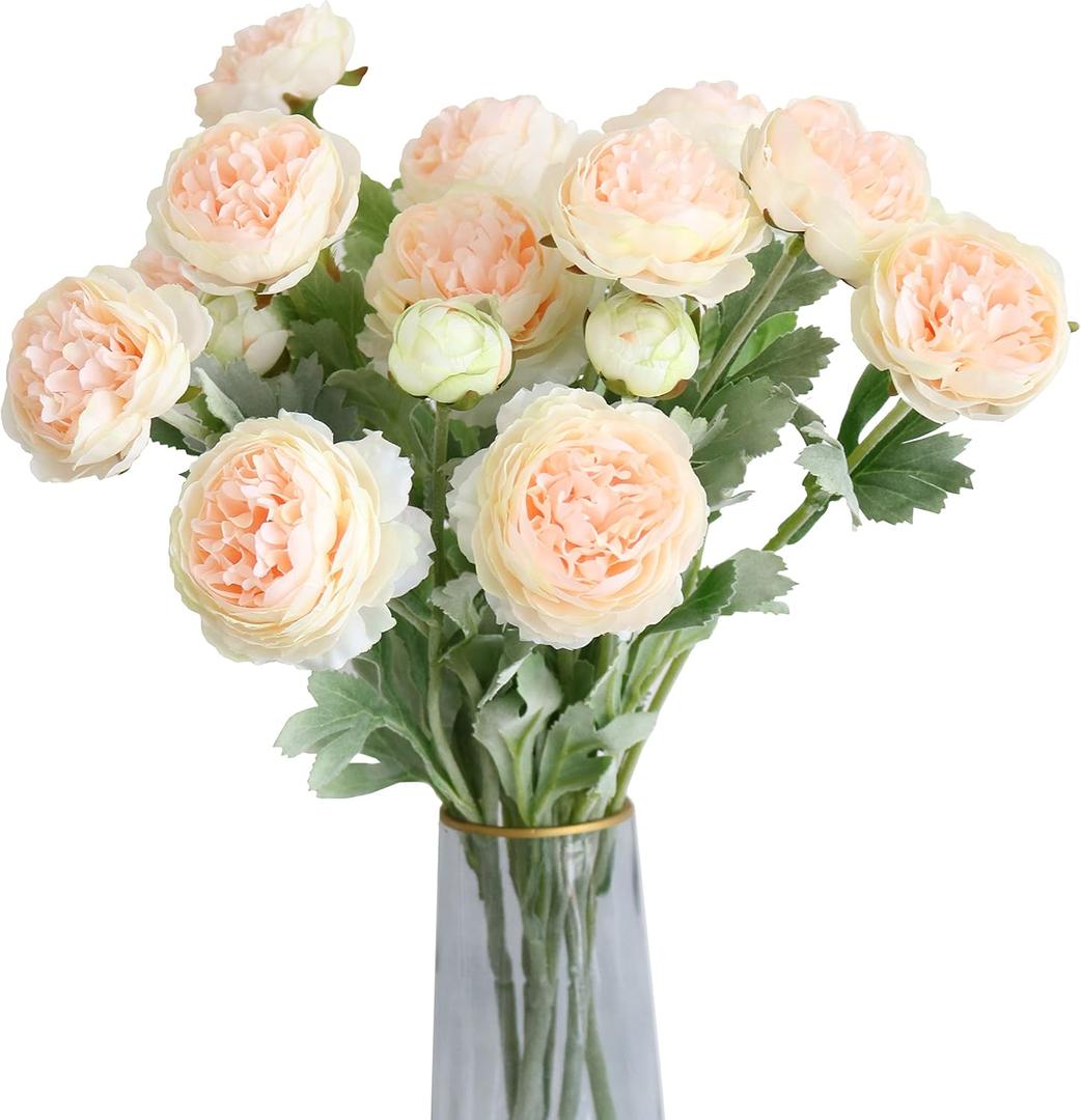 6PCS Artificial Ranunculus Flowers with Real Touch Stem Silk Ranunculus Flowers for Household Arrangement (Champagne)