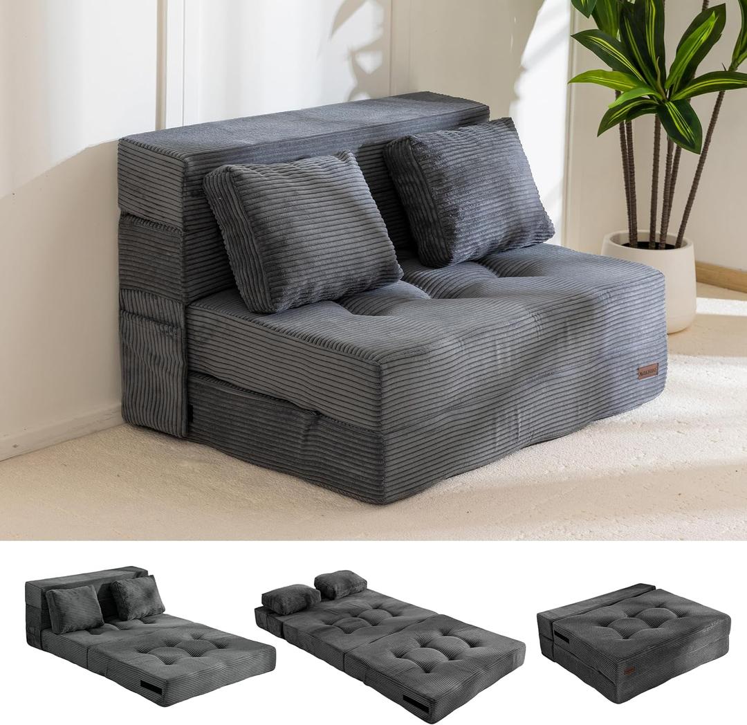 MAXYOYO Convertible Sofa Bed, Fold Out Loveseat Sleeper Sofa with Pillow, 4 in 1 Tufted Folding Couch Bed Foam Floor Couch, Lazy Chair for Living Room Bedroom Guest Room, Dark Grey, Twin
