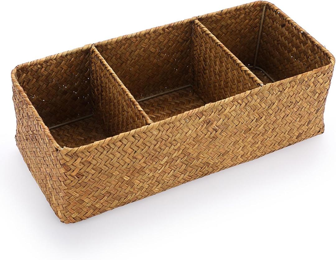 ELLDOO Woven Seagrass Wicker Rattan Storage Basket, Large Capacity Coffee Pod Holder Organizer for K Cup Nespresso Pods, 3-Section Seagrass Storage Box for Coffee bar Shelves Kitchen Cabinets,Brown