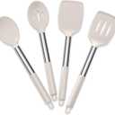 E-far Cooking Utensils Set of 4, Silicone Kitchen Utensils for Non-stick Cookware, Heat Resistant & Non-toxic Slotted Spatula Solid Spoon Turner for Flipping Mixing Serving Basting(Khaki) (13.5 Inch, 13.2 Inch, 12.6 Inch, 12.8 Inch)