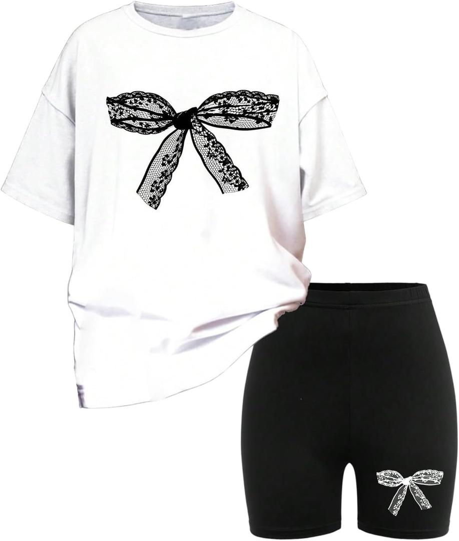 Floerns Girl's 2 Piece Outfit Cute Bowknot Print T Shirts with Biker Shorts Set (Black and White) 9 Years