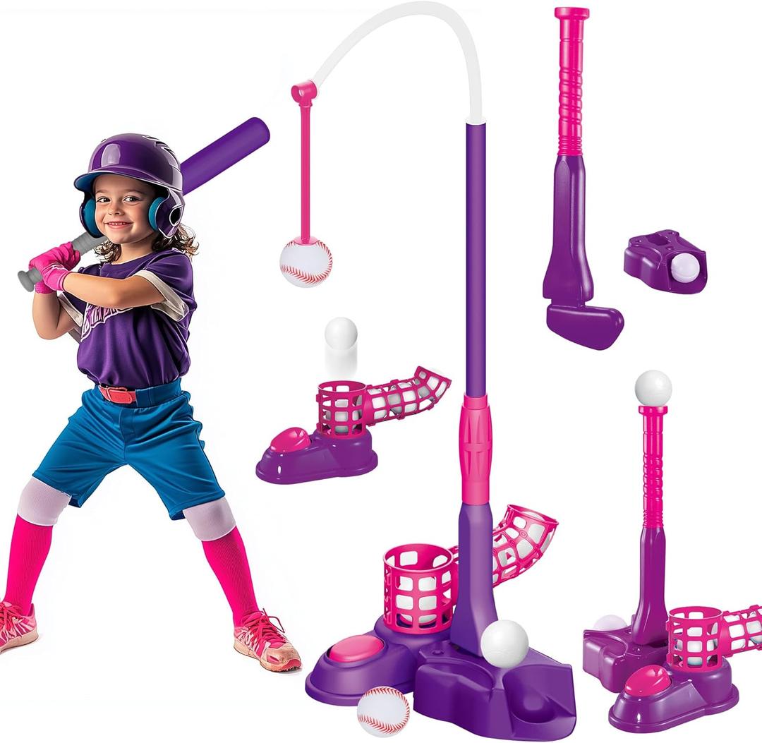 imagifun 4-in-1 T-Ball Set: Kids Baseball Tee ages 3-5, 5-8, Batting Tee, Pitching Machine, Outdoor Sport Toy for Girls (Pink) (4pcs)