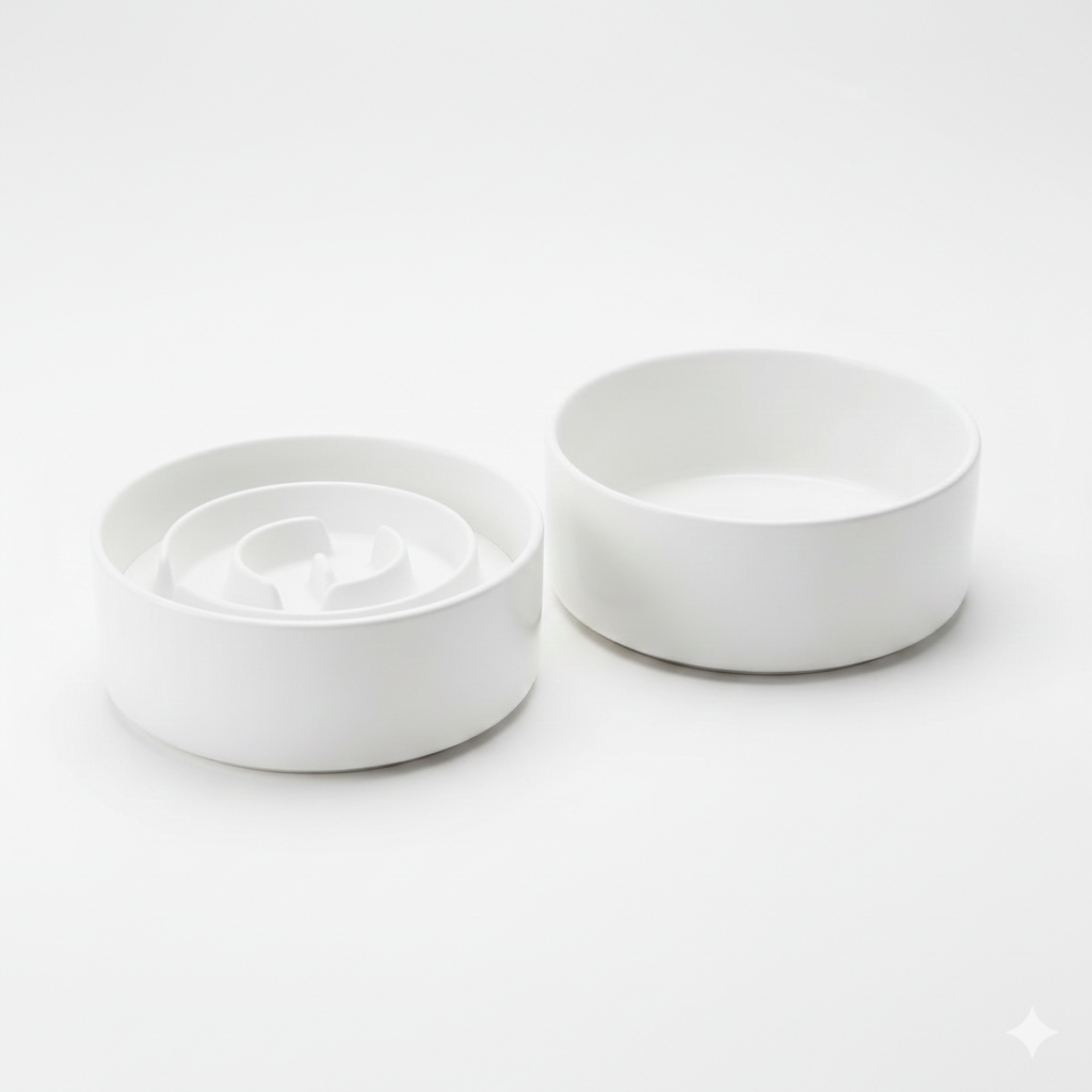 Ceramic Elevated Dog Bowls, Pet Food and Water Bowl Set for Medium and Small Dogs, 3.5 Cups Dog Bowls Raised with Wood Stand, 29OZ, White