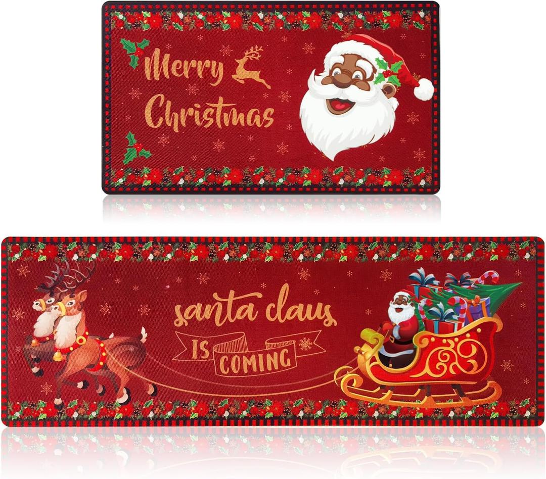 Black Santa Christmas Kitchen Rug and Mat Set,African American Christmas Decorations,Winter Holiday Merry Christmas Kitchen Sink Floor Mat Santa Claus Kitchen Bathroom Mat for Xmas Indoor Decoration