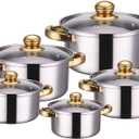Stainless Steel Cookware Set, 10-Piece, Gold Handles, Glass Lids