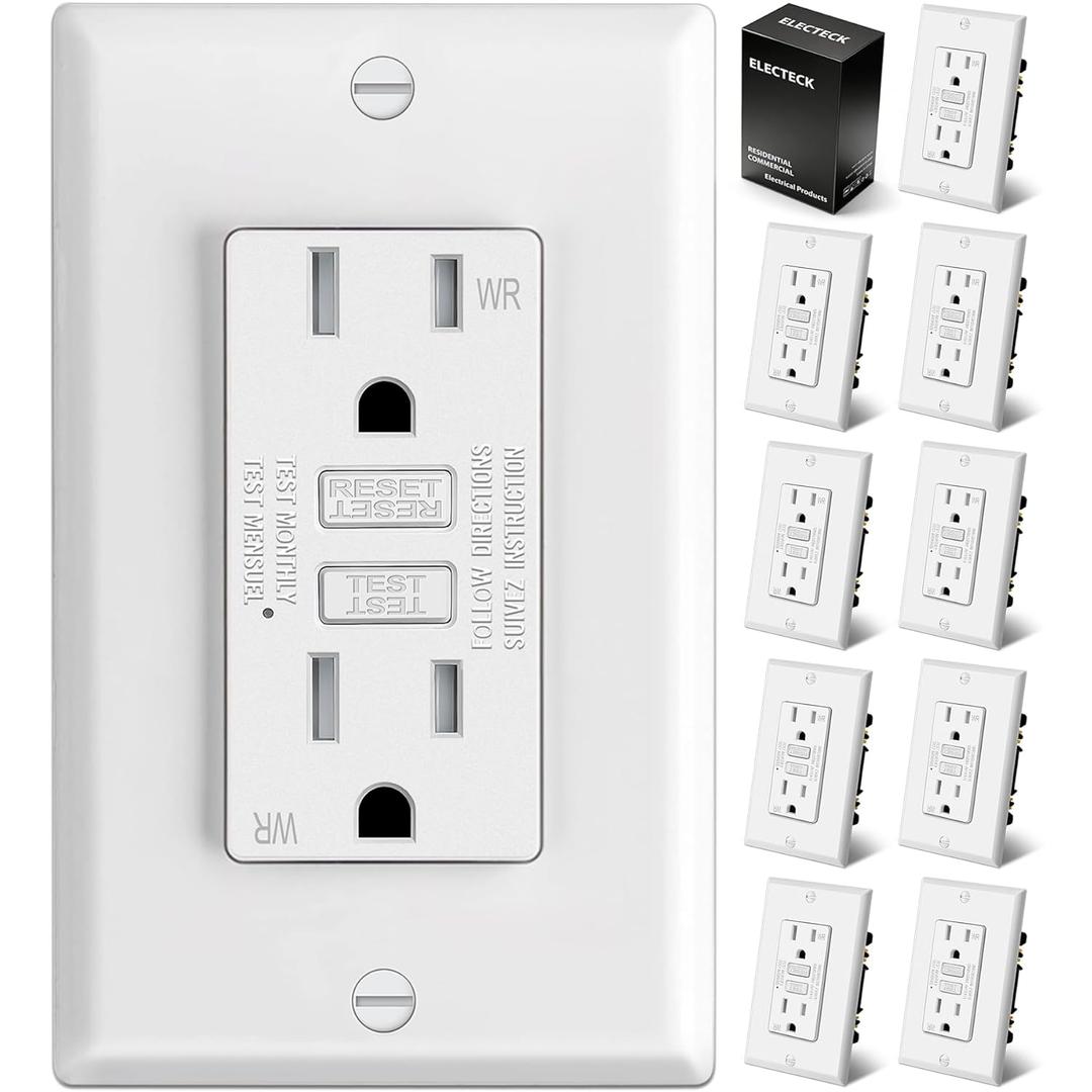 ELECTECK 10 Pack GFCI Outlets 15 Amp, Outdoor Weather Resistant (WR), Ultra Slim GFI Receptacles with LED Indicator, Ground Fault Circuit Interrupter, Wallplate Included, ETL Listed, White